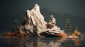 Sculpture Of A Man Sitting Atop A Mountain: Nature-inspired 3d Paper Art Royalty Free Stock Photo