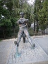 Sculpture of a man who seems to ride a car abstraction is located Volgograd