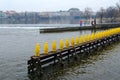 Sculpture March of penguins through Vltava on Kampa Island, Prague, Czech Republic