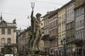 Sculpture of Neptune Poseidon over the fountain on the Rynok or Market Square in Lviv, Ukraine. Oktober 2021