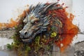 Sculpture and painting street art of drogon full of colorful colors and covered with leaves and grass. on the old wall. Mythical Royalty Free Stock Photo