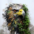 Sculpture and painting street art of eagle head full of colorful colors and covered with leaves and grass. on the old wall. Bird. Royalty Free Stock Photo