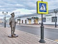 Sculpture of policeman of 18th in historic downtown of Yelabuga, Russia.