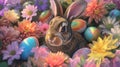 A sculpture of a rabbit amidst Easter eggs and flowers in a garden AIG42E