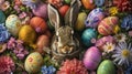 A sculpture of a rabbit amidst Easter eggs and flowers in a garden AIG42E