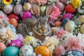 A sculpture of a rabbit amidst Easter eggs and flowers in a garden AIG42E