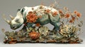 A sculpture of a rhino standing in front of flowers, AI