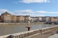 Sculpture and the river Rhone. Lyon, France Royalty Free Stock Photo