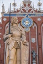 Sculpture of Roland in front of House of Blackheads. Night. Riga, Latvia Royalty Free Stock Photo