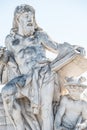 Sculpture of scientist with a book and his scholar on Zoll Bridge in Magdeburg downtown at direct light background, Germany,