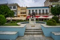 Sculpture of a Spartan warrior in the center of the historical Greek city of Sparti Known as Sparta, Greece. Urban view of the