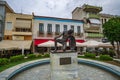 Sculpture of a Spartan warrior in the center of the historical Greek city of Sparti Known as Sparta, Greece. Urban view of the