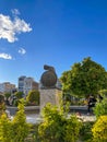 Sculpture of a Spartan warrior in the center of the historical Greek city of Sparti Known as Sparta, Greece. Urban view of the