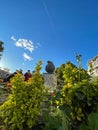 Sculpture of a Spartan warrior in the center of the historical Greek city of Sparti Known as Sparta, Greece. Urban view of the