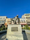 Sculpture of a Spartan warrior in the center of the historical Greek city of Sparti Known as Sparta, Greece. Urban view of the