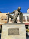 Sculpture of a Spartan warrior in the center of the historical Greek city of Sparti Known as Sparta, Greece. Urban view of the