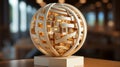 A sculpture of a sphere with many pieces of wood
