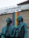 Sculpture statue of Johann Wolfgang Goethe and Friedrich Schiller in front of German National Theatre, Weimar Thuringia