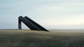 Futuristic Black Staircase: Conceptual Minimalist Sculpture In Coastal Landscape