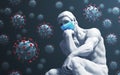 Sculpture Thinker In Medical Mask On Coronavirus Background