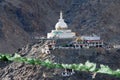 Sculpture View of ancient shanti stupa is a Buddhist white-domed stupa on a hilltop in Chanspa mountain from leh palace at Leh Lad