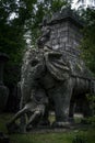 Sculpture of the war elephant gripping the soldier\'s dead body at the famous monster park, I