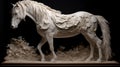 A sculptured horse is running in a dark atmosphere, in the style of intricately detailed patterns, wood sculptor, AI Generative