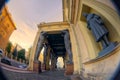 Sculptures of Atlantis of the New Hermitage, Saint Petersburg, Russia. Fish eye lens creating a super wide angle view.