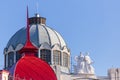 Sculptures on the building of the Samara Regional Philharmonic. The god of music and arts, Apollo and the muse of Erato, patrones Royalty Free Stock Photo