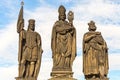 Sculptures Charles Bridge. Statues of three figures - Saint Norbert, St. Vaclav and St. Sigismund. Prague Czech February