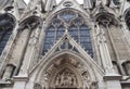 Sculptures at main entrance to cathedral Notre Dame de Paris. Notre Dame-famous Gothic, Roman Catholic cathedral in Paris, France