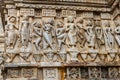 Sculptures of musicians and dancers on hindu holy temple wall at day