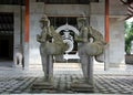 Sculptures of mythological deities in a Buddhist monastery