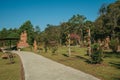 sculptures and paved pathway in a garden