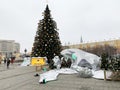 Moscow, Russia, December, 30. 2020. Sculptures of polar bears at the Christmas tree on Manezhnaya Square in winter. Russia, the ci