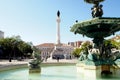 Sculptures of the South fountain in the Rossio Square, the Column of D. Pedro IV in the background, Lisbon, Portugal Royalty Free Stock Photo