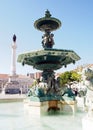 Sculptures of the South fountain in the Rossio Square, the Column of D. Pedro IV in the background, Lisbon, Portugal Royalty Free Stock Photo