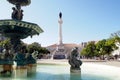 Sculptures of the South fountain in the Rossio Square, the Column of D. Pedro IV in the background, Lisbon, Portugal Royalty Free Stock Photo