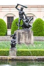 Sculptures in Wallenstein Gardens Valdstejnska zahrada. In the background is the palace Wallenstein first baroque palace in Pragu