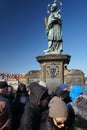 A saint on the historic Charles Bridge in Prague, Czech Republic