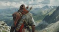 A Scythian archer with a quiver of arrows slung over his shoulder navigates a treacherous mountain pass