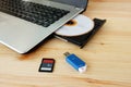 SD Card, Flash Drive USB3.0 and CD DVD Drive Writer Burner Reader of laptop computer on wooden background Royalty Free Stock Photo