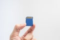 SD memory card with hand and finger hold isolate on white background. Royalty Free Stock Photo