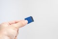SD memory card with hand and finger hold isolate on white background. Royalty Free Stock Photo