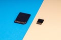 sd and micro sd memory card on blue and yellow background. different kind of portable storage devices. data store