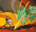 Dragon fighting a knight with fire