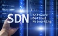 SDN, Software defined networking concept on modern server room background