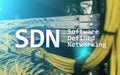 SDN, Software defined networking concept on modern server room background