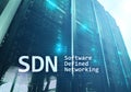 SDN, Software defined networking concept on modern server room background