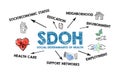 SDOH Social Determinants Of Health. Illustration with icons, arrows and keywords on a white background